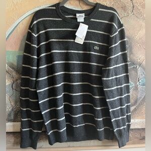 NWT Lacoste Pure Wool Striped Charcoal Crewneck Pullover Sweater